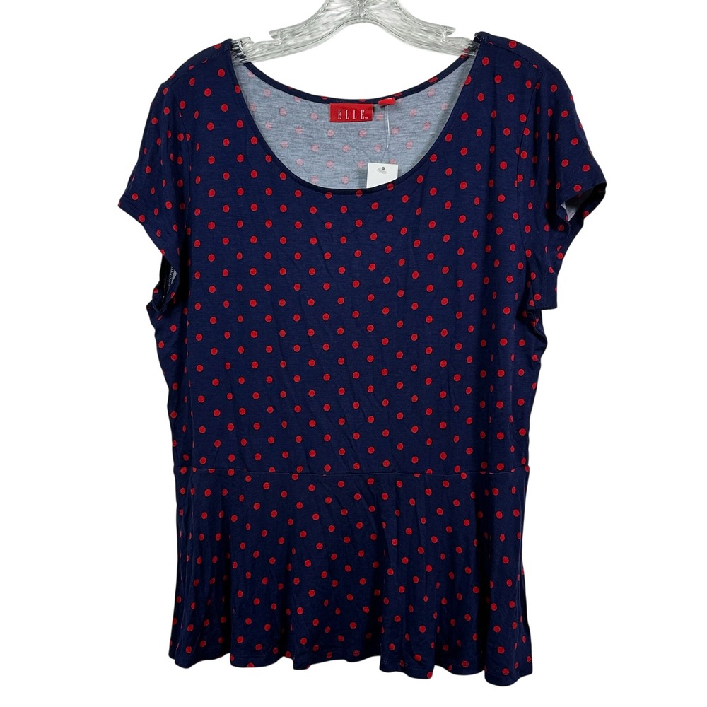 Elle Navy Blue Red Polka Dot Table Peplum Tee Short Sleeve Scoop Neck NWT Large